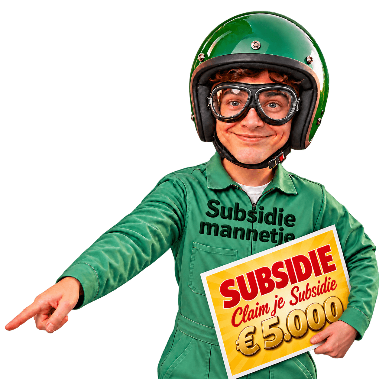 Het subsidiemannetje met een subsidiebord wijst naar de subsidiecheck